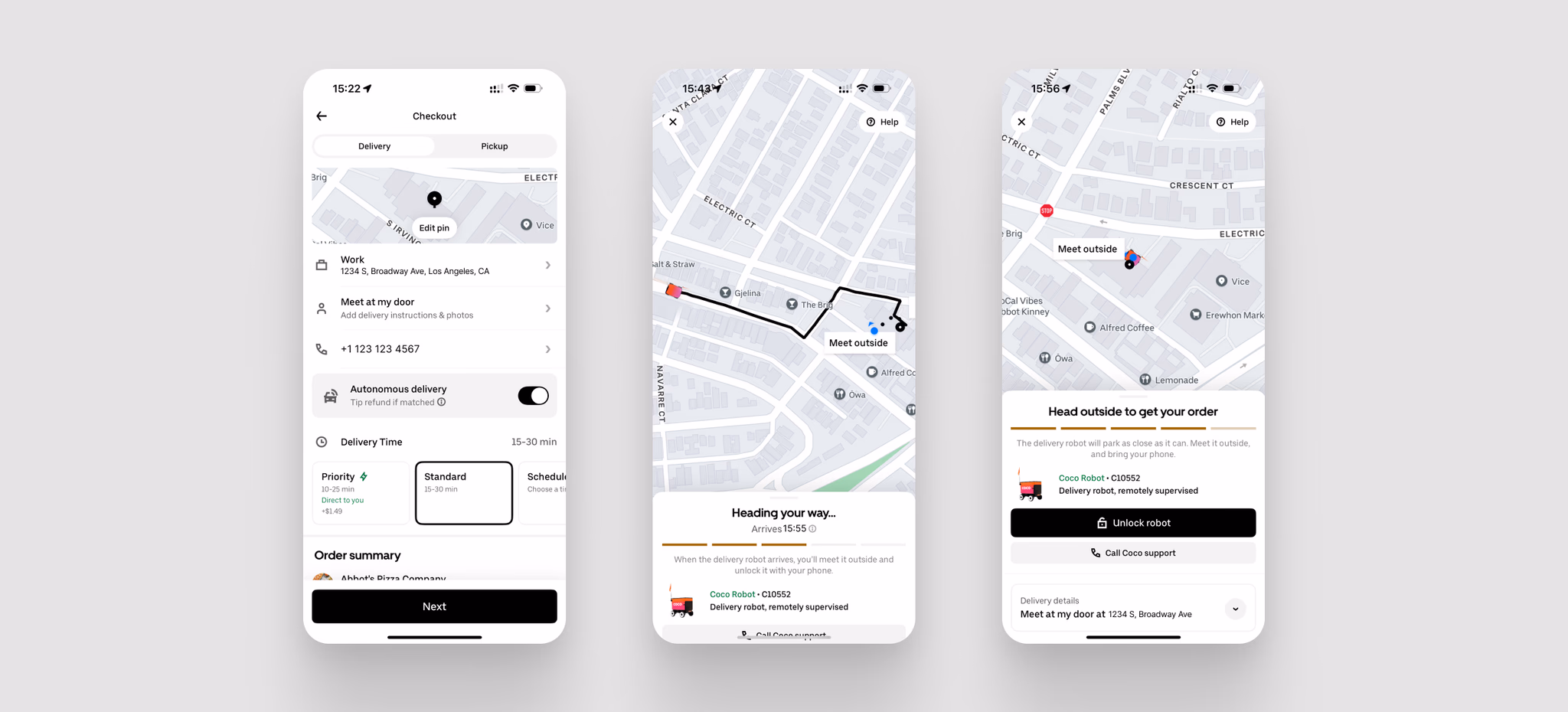 Coco Robotics current UberEats integration — 3 screens